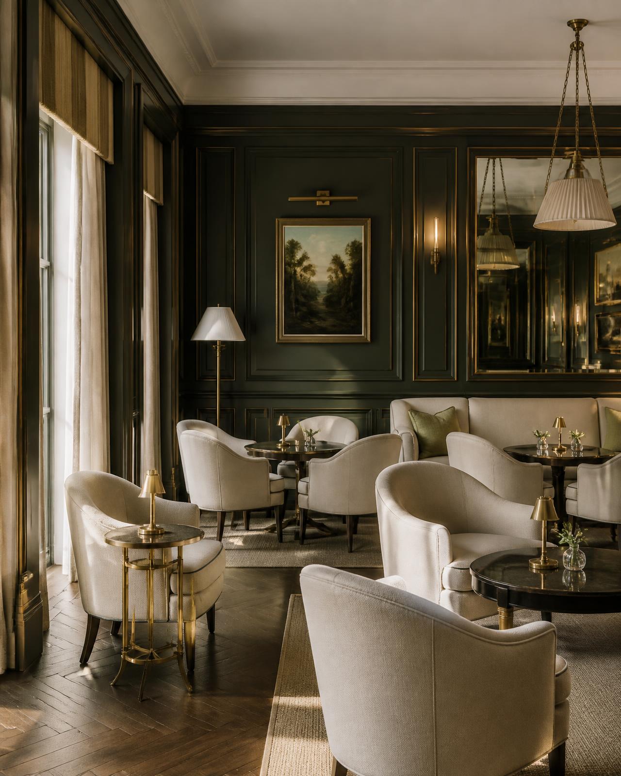 Dark green panelled London club lounge with brass lighting and ivory armchairs