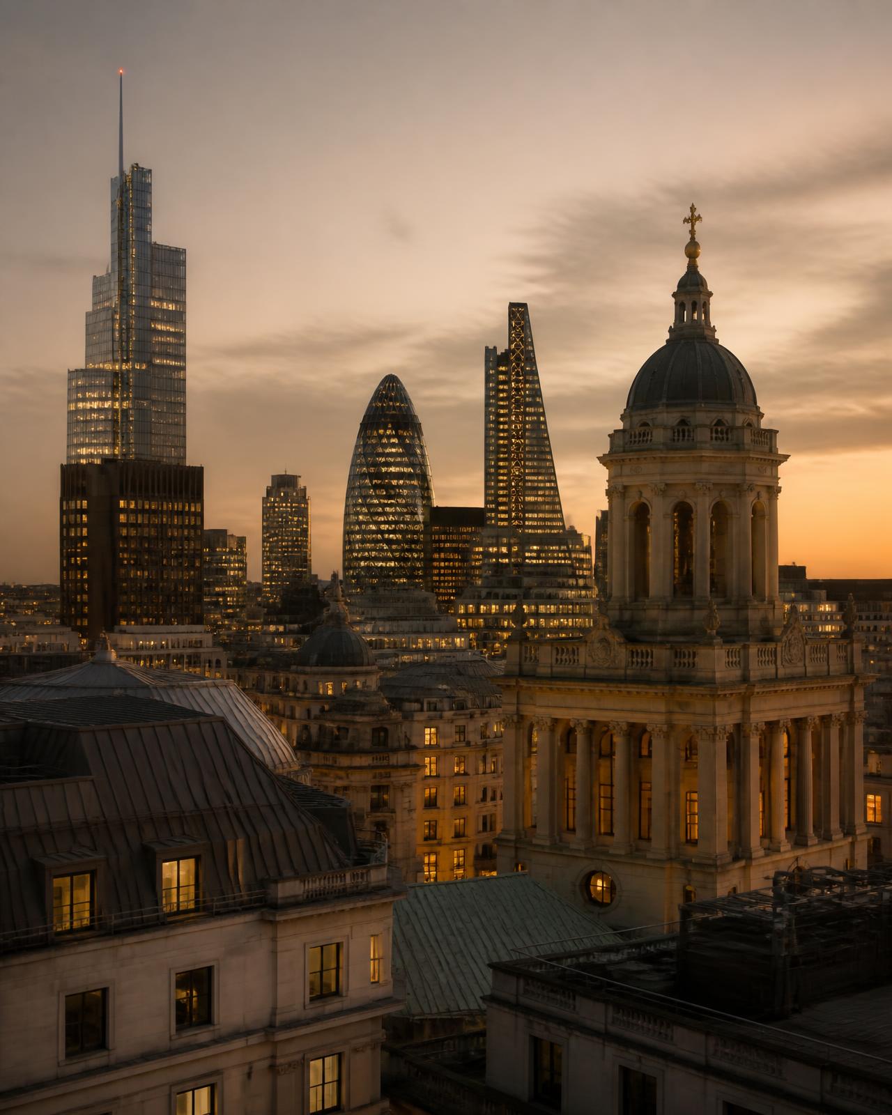 London financial district skyline at dusk with warm city lights