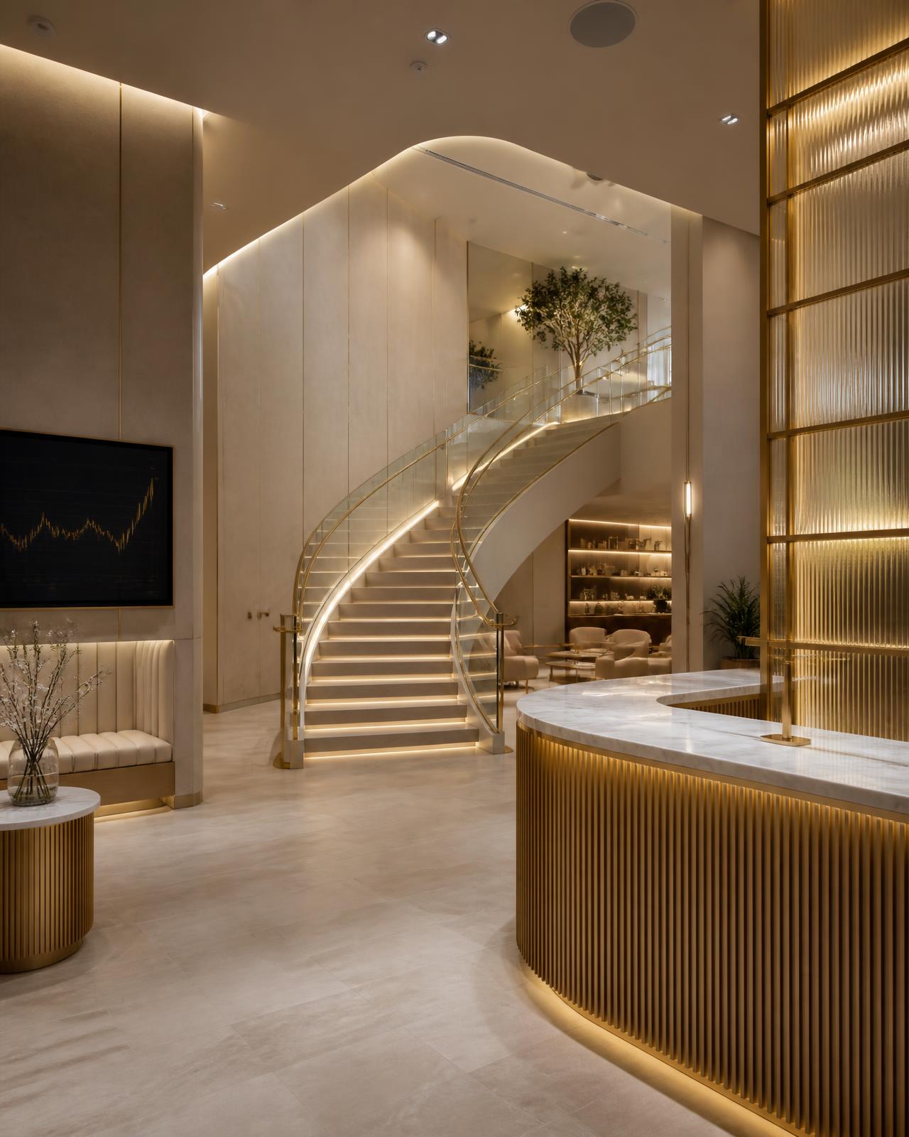 Refined modern financial technology space with warm lighting and clean architectural lines