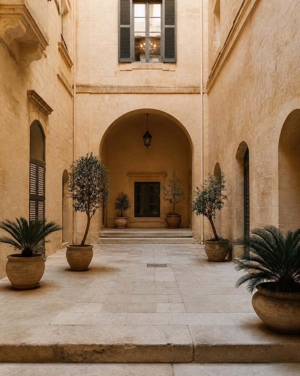 Honey-coloured limestone palazzo courtyard in Valletta, Malta