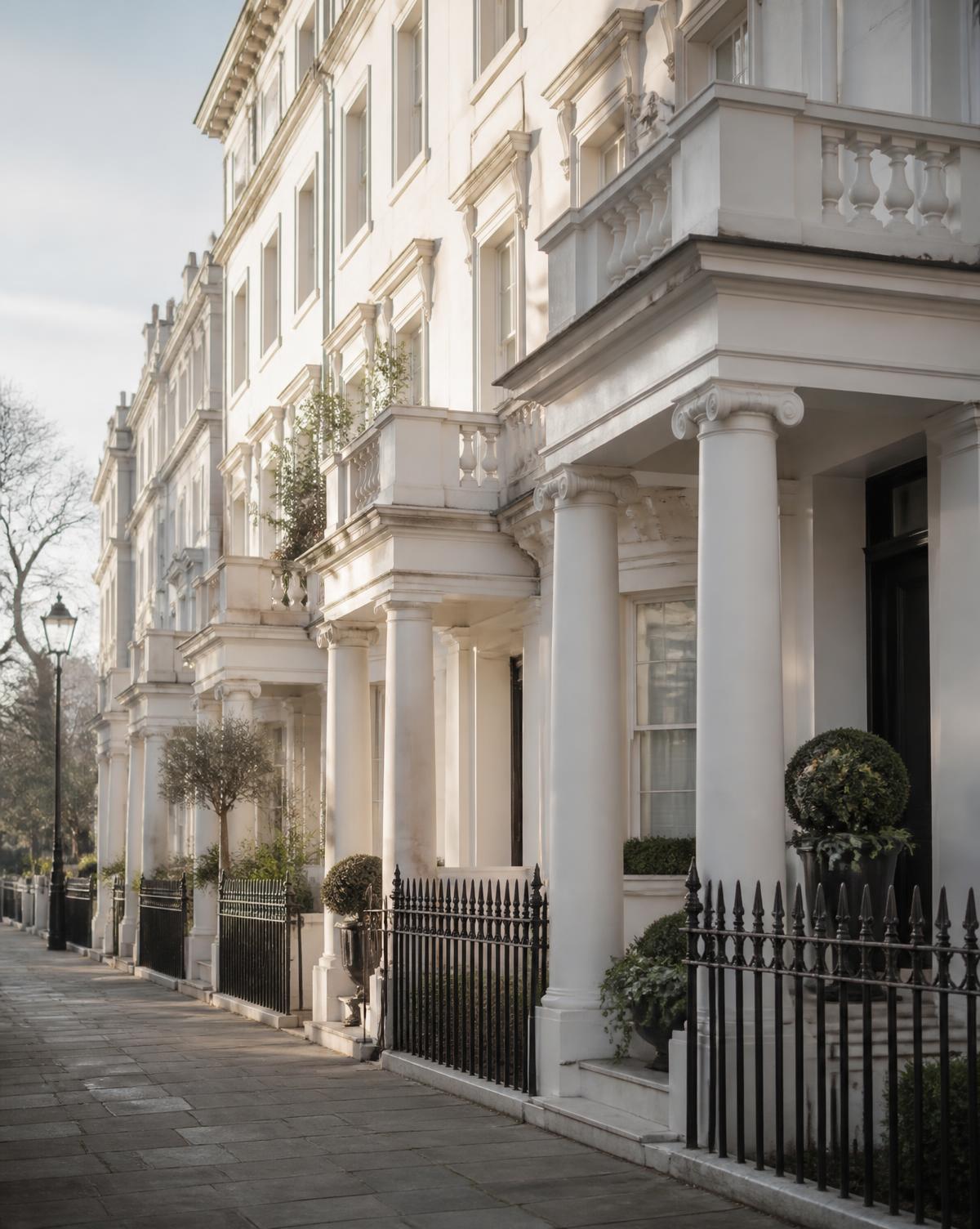 Stucco-fronted Georgian terrace in London in soft morning light