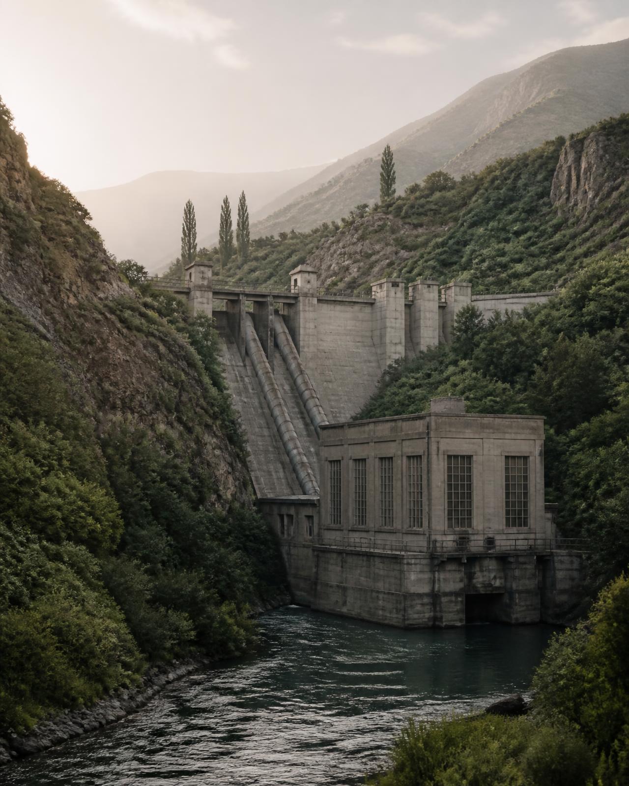 Historic hydroelectric power station in a green Central Asian mountain valley